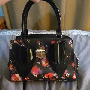 Chic Black Floral Satchel with Bow by Betsey Johnson